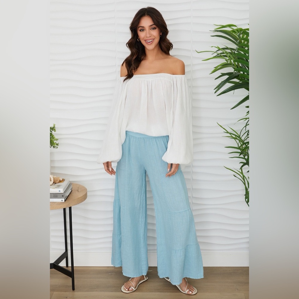(2-36/255005-SOL-BLSH) LINEN TIERED PALAZZO PANT - Picture 2 of 5